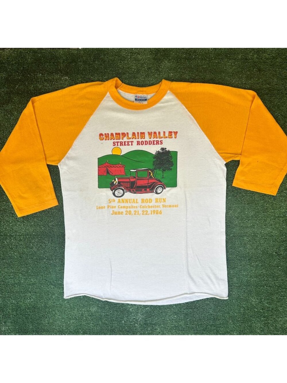 Vintage 80s Champlain Valley Hot Rods Raglan T-Shirt Single Stitch 3/4 Sleeve L